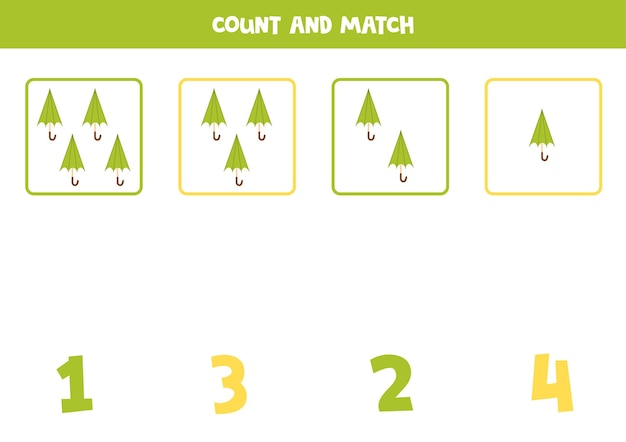 Counting game for kids Count all green umbrellas and match with numbers Worksheet for children