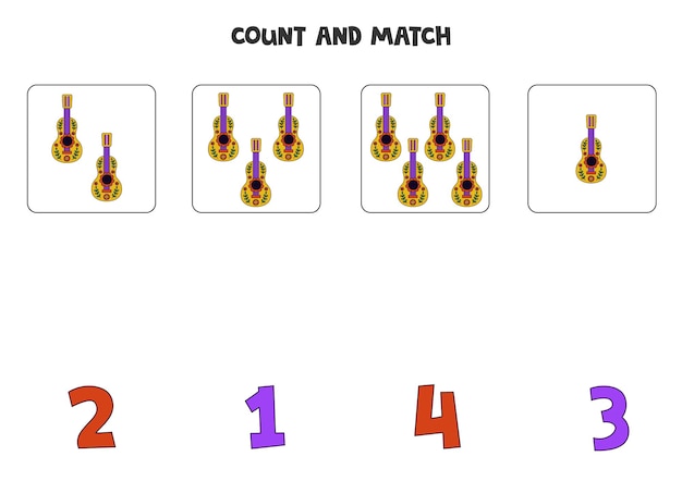 Counting game for kids Count all guitars and match with numbers Worksheet for children