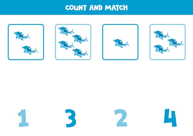 Counting game for kids Count all hammerhead sharks and match with numbers Worksheet for children