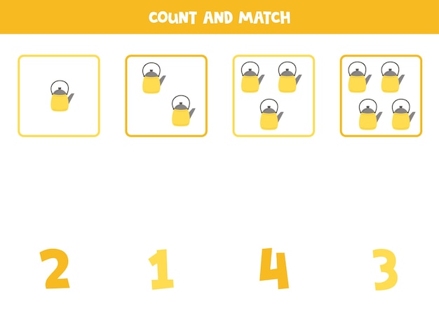 Counting game for kids Count all kettles and match with numbers Worksheet for children