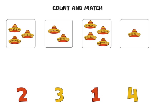 Counting game for kids Count all Mexican hats and match with numbers Worksheet for children