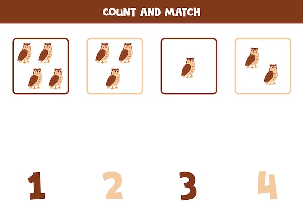 Counting game for kids Count all owls and match with numbers Worksheet for children