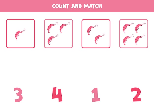 Counting game for kids Count all pink shrimps and match with numbers Worksheet for children