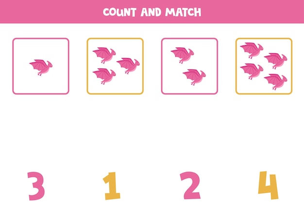 Counting game for kids Count all pterodactyls and match with numbers Worksheet for children