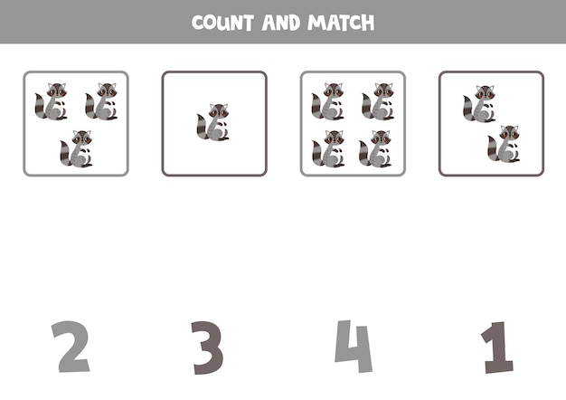 Counting game for kids Count all raccoons and match with numbers Worksheet for children