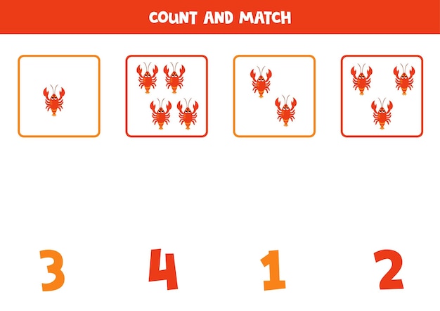 Counting game for kids Count all red lobsters and match with numbers Worksheet for children