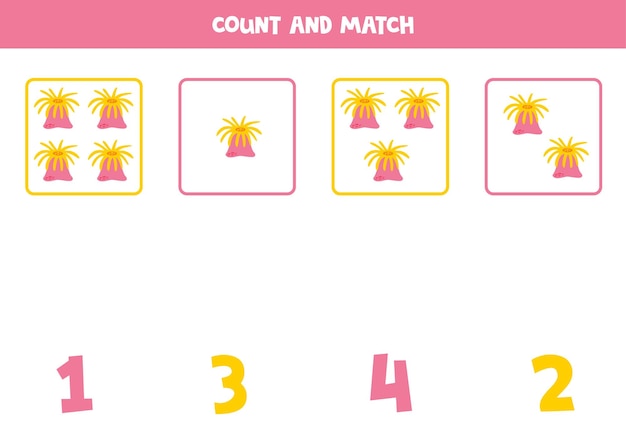 Counting game for kids Count all sea anemone and match with numbers Worksheet for children