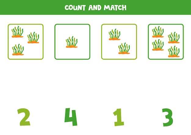 Counting game for kids Count all sea weeds and match with numbers Worksheet for children