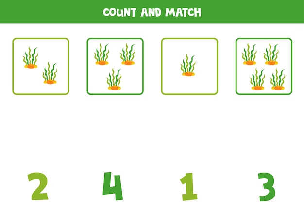 Counting game for kids Count all sea weeds and match with numbers Worksheet for children