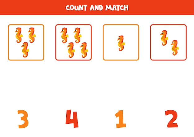 Counting game for kids Count all seahorse and match with numbers Worksheet for children