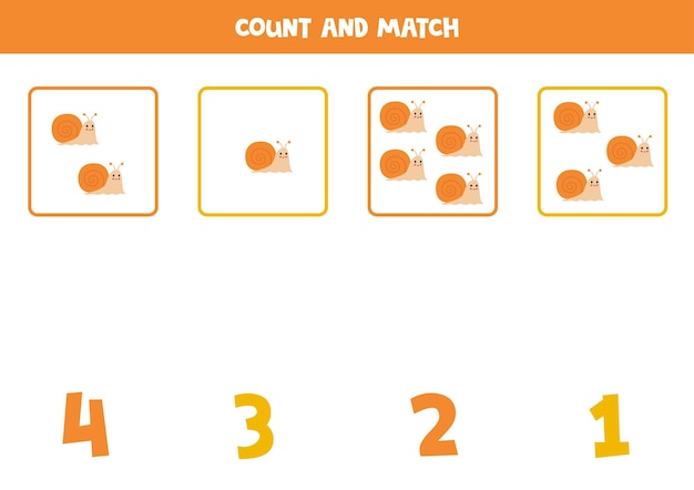 Counting game for kids Count all snails and match with numbers Worksheet for children