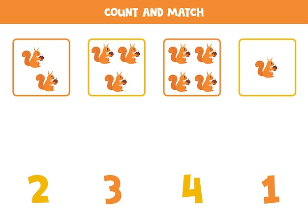 Counting game for kids Count all squirrels and match with numbers Worksheet for children