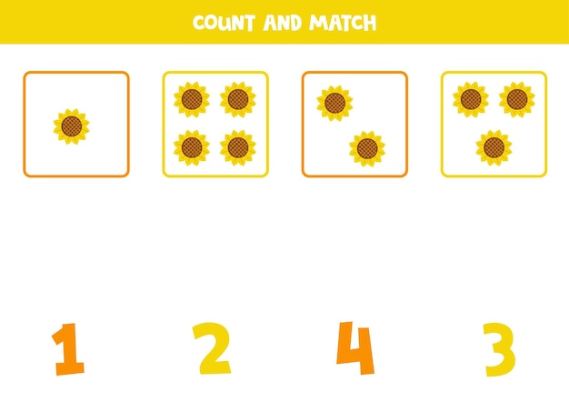 Counting game for kids Count all sun flowers and match with numbers Worksheet for children