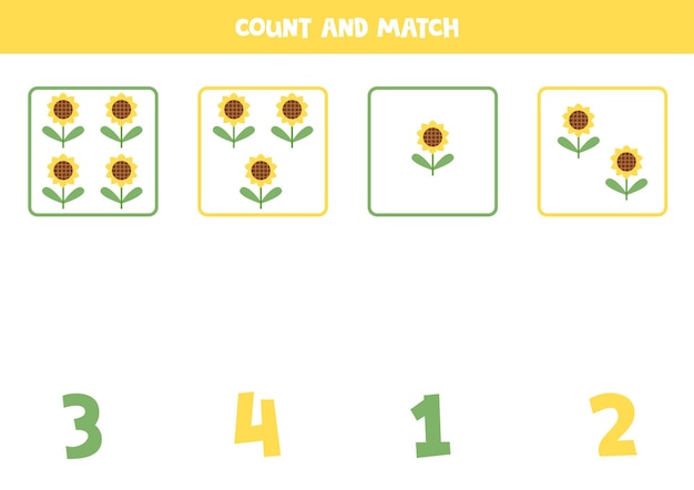 Counting game for kids Count all sunflower and match with numbers Worksheet for children