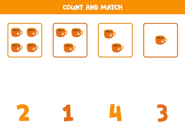 Counting game for kids Count all tea cups and match with numbers Worksheet for children