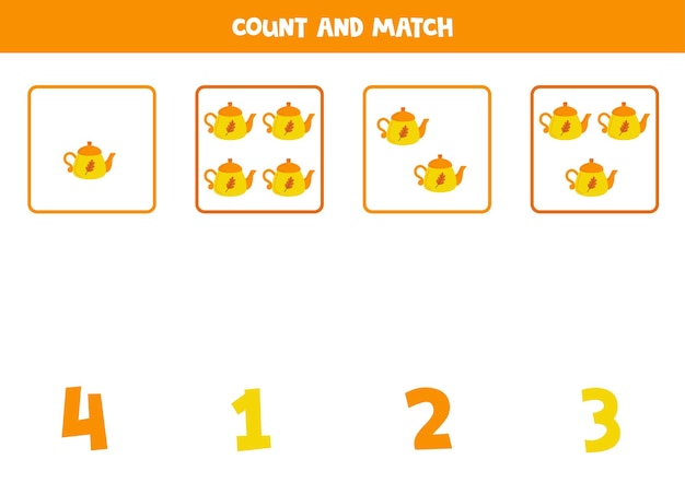 Counting game for kids Count all tea pots and match with numbers Worksheet for children