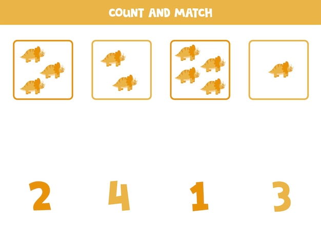 Counting game for kids Count all triceraptors and match with numbers Worksheet for children