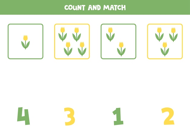 Counting game for kids Count all tulips and match with numbers Worksheet for children