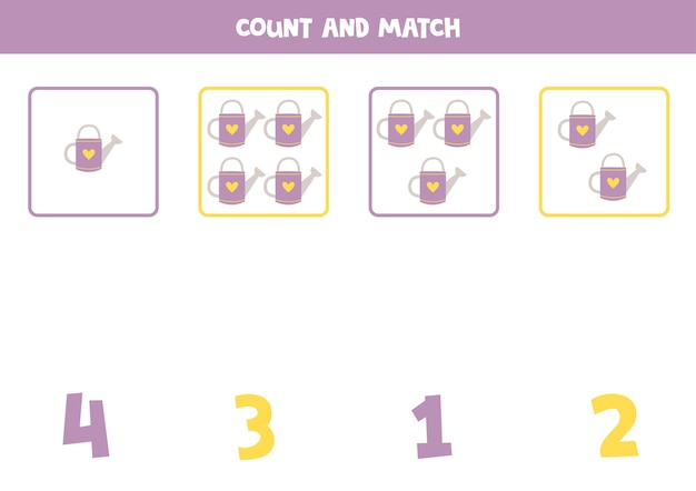 Counting game for kids Count all watering cans and match with numbers Worksheet for children