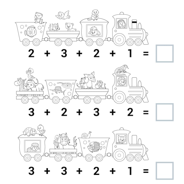 Counting Game for Preschool Children Count the animals on train and write result Tasks for addition