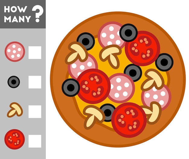 Counting Game for Preschool Children Count how many pizza items and write the result