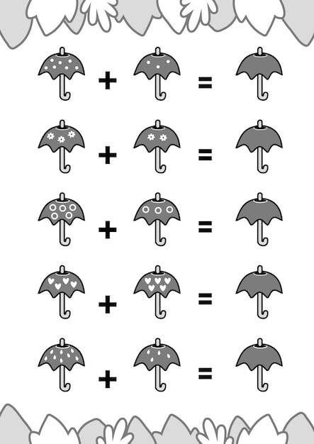 Counting Game for Preschool Children Educational a mathematical game Addition worksheets umbrella