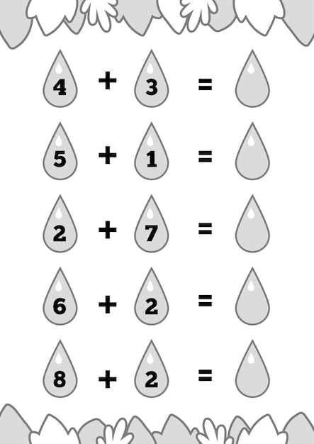 Counting Game for Preschool Children Educational a mathematical game Addition worksheets water drops