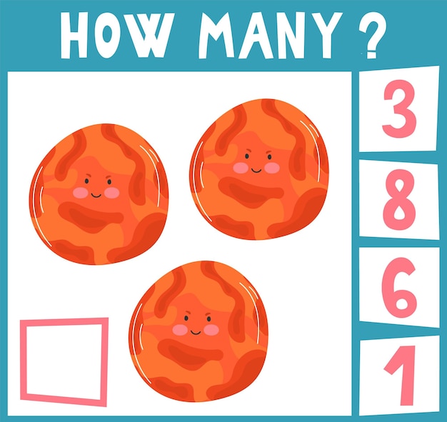 Counting Game for Preschool Children Educational a mathematical game Count how many pieces and write the result Space theme 3 planets