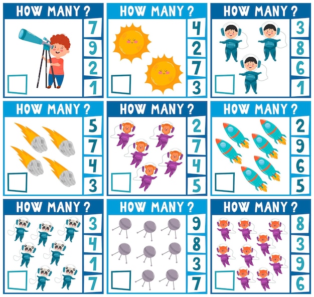 Counting Game for Preschool Children Educational a mathematical game Count how many pieces and write the result Space theme