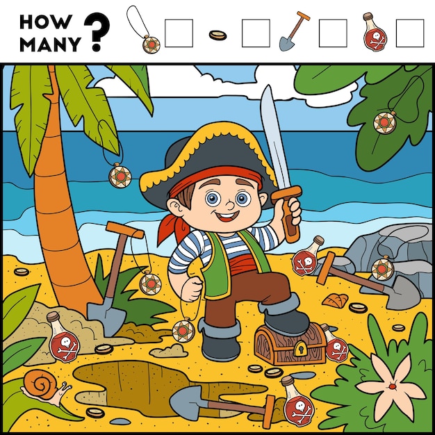 Counting Game for Preschool Children Educational a mathematical game Pirate boy and background