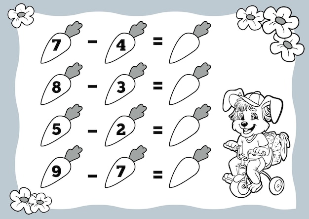 Counting Game for Preschool Children Subtraction worksheet Rabbit and carrots Educational math game