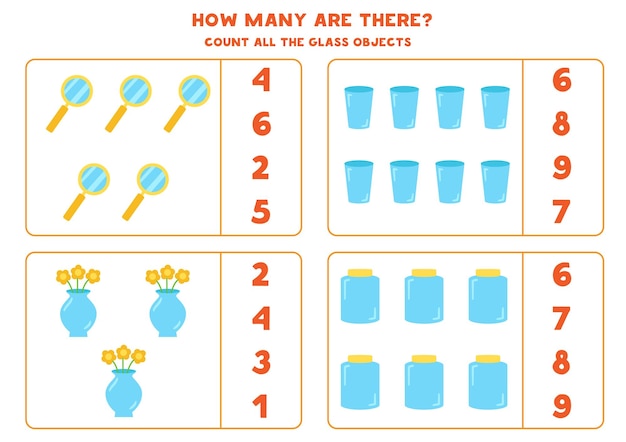 Counting game with cartoon glass objects Educational worksheet