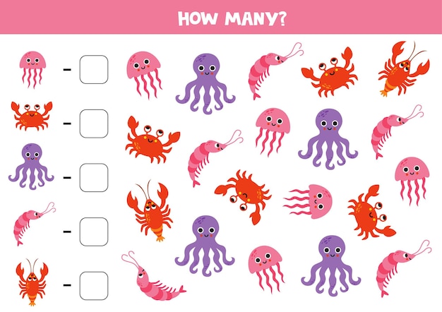 Counting game with cartoon sea animals Math worksheet