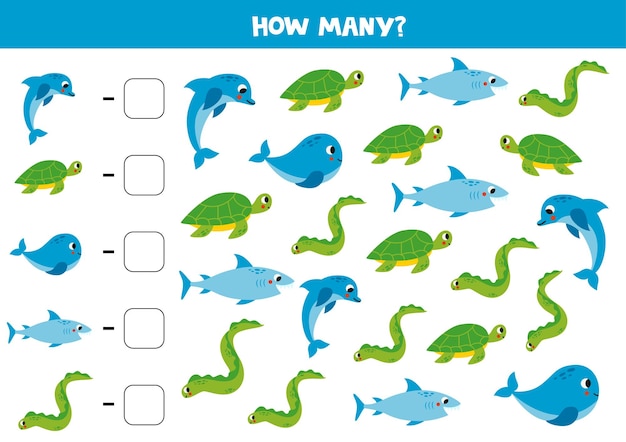 Counting game with cartoon sea animals Math worksheet