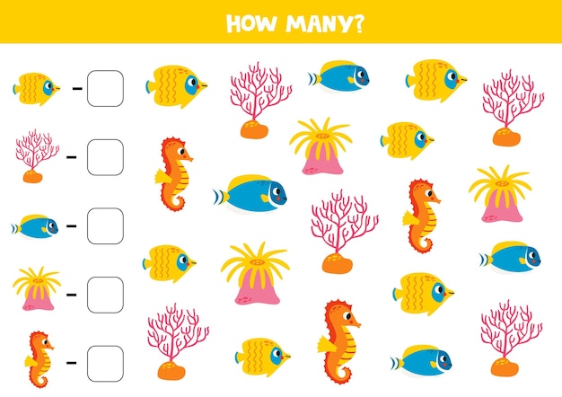 Counting game with cartoon sea fish Math worksheet