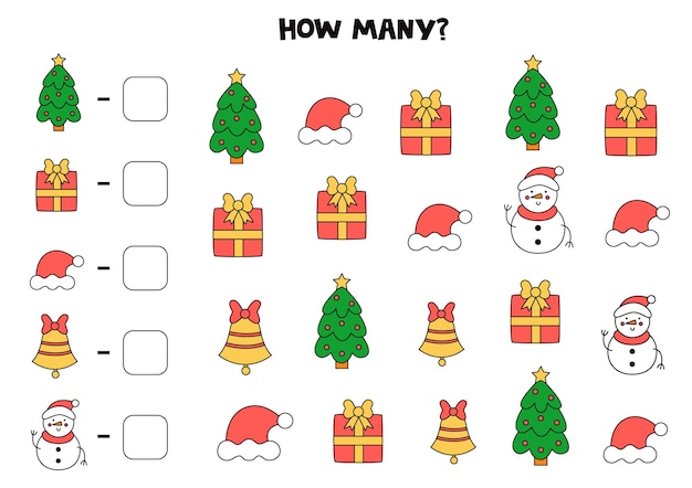 Counting game with Christmas pictures. Math worksheet.