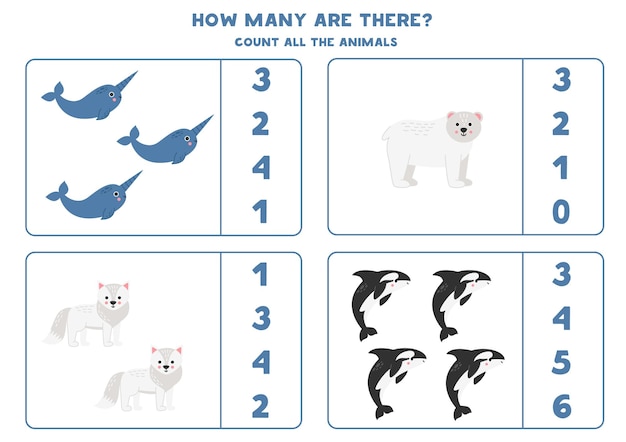 Counting game with cute Arctic animals Educational worksheet