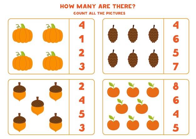 Counting game with cute autumn elements Educational worksheet