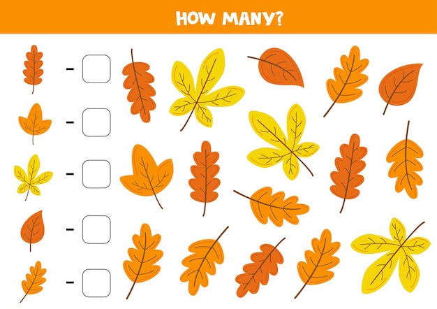 Counting game with cute autumn leaves Math worksheet