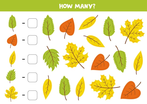 Counting game with cute autumn leaves Math worksheet