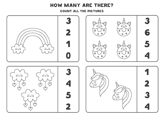 Counting game with cute black and white elements. Educational worksheet.