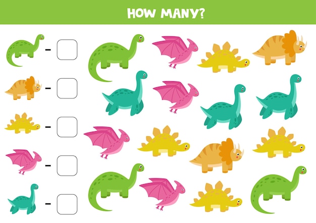 Counting game with cute cartoon dinosaurs Math worksheet