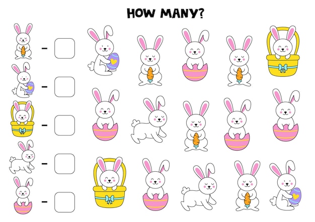 Counting game with cute cartoon Easter rabbits Math worksheet