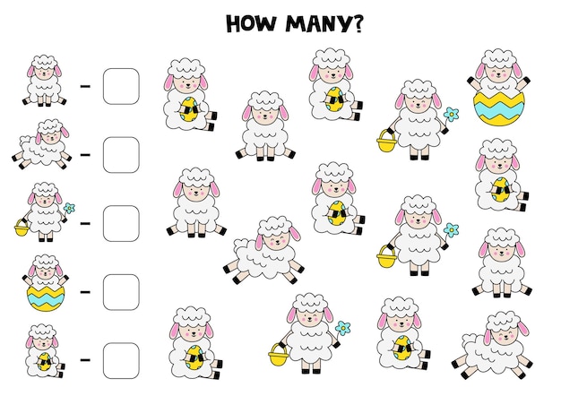 Counting game with cute cartoon Easter sheep Math worksheet