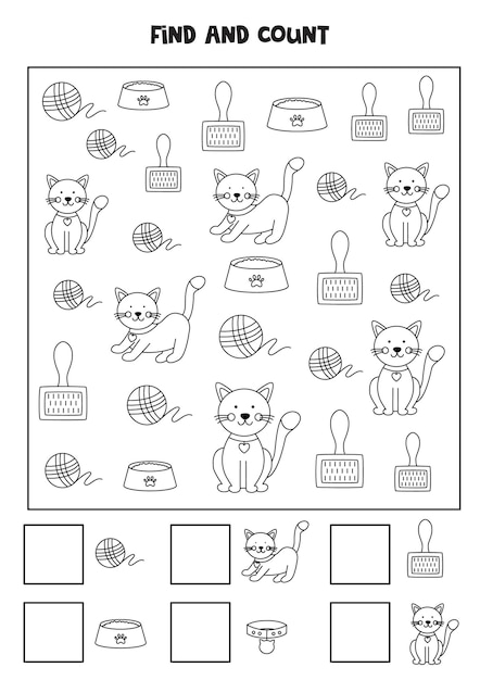 Counting game with cute cat accessories Black and white worksheet