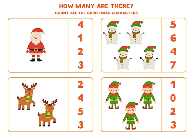 Counting game with cute Christmas characters Educational worksheet