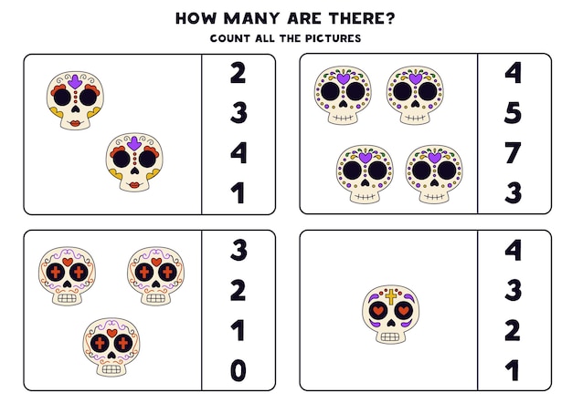 Counting game with cute colorful skulls Educational worksheet