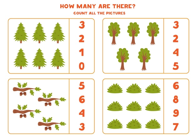 Counting game with cute forest elements Educational worksheet