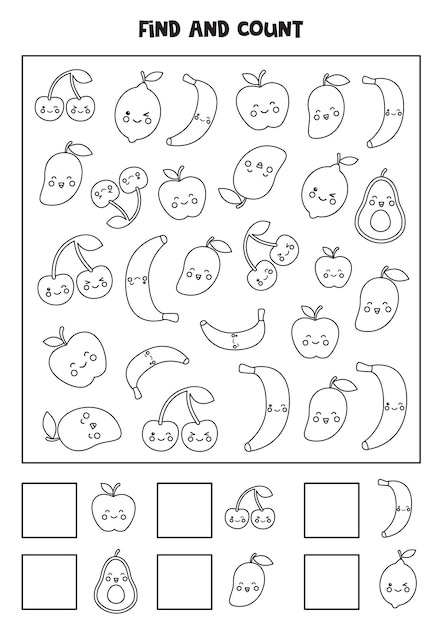 Counting game with cute fruits Black and white worksheet