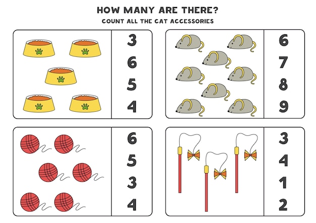 Counting game with cute hand drawn cat accessories Educational worksheet